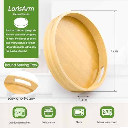 LorisArm 12 inch Round Serving Wooden Tray with Handles, Bamboo Decorative Ottoman Tray Serving for Serving Beverages & Food on Bar Living Room Home Dining Table.