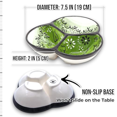 3-Compartment Ceramic Serving Dish, Handmade in Spain | 7.5” divided chip and dip bowl with lead-free glaze, microwave, oven and dishwasher safe, ideal for tapas, snacks and sauces - color: Onyx Green