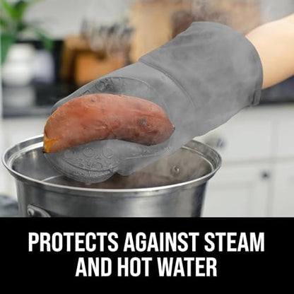 BPA-Free Soft Silicone Oven Mitts - Ultra Heat Resistant Oven Mitts with Thick Cotton Liner - Long Slip Resistant Pot Holders, Flexible Oven Gloves - Gray 13.7" - color: Gray, size: 2-Piece 13.7" Oven Mitts