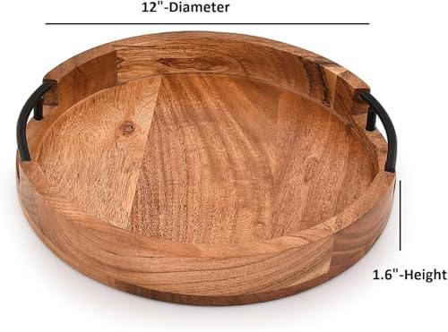 Acacia Wood Tray Round Rustic Farmhouse Wooden Platter for Coffee Table, Ottoman, Drinks, Breakfast with 2 Black Iron Handles (12" X 12" X 1.6")