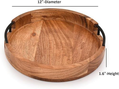 Acacia Wood Tray Round Rustic Farmhouse Wooden Platter for Coffee Table, Ottoman, Drinks, Breakfast with 2 Black Iron Handles (12" X 12" X 1.6")