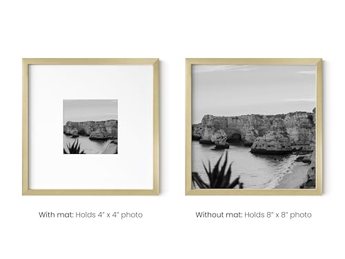 HAUS AND HUES 8x8 Gold Metal Picture Frame Matted to 4x4 - Features Premium Aluminum & Hanging Hardware, Shatterproof Plexiglass - Ideal for Home, Office (8x8 in, Gold, Set of 1) - color: Gold Metal, size: 8x8 in, style: Set of 01