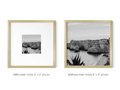 HAUS AND HUES 8x8 Gold Metal Picture Frame Matted to 4x4 - Features Premium Aluminum & Hanging Hardware, Shatterproof Plexiglass - Ideal for Home, Office (8x8 in, Gold, Set of 1) - color: Gold Metal, size: 8x8 in, style: Set of 01