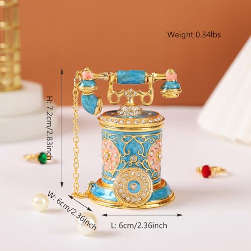 Retro Telephone Trinket Boxes Mini Enamel Jewelry Box for Women Girls Ring Pendant Storage Organizer with Hinged Lid (Blue) - color: Blue