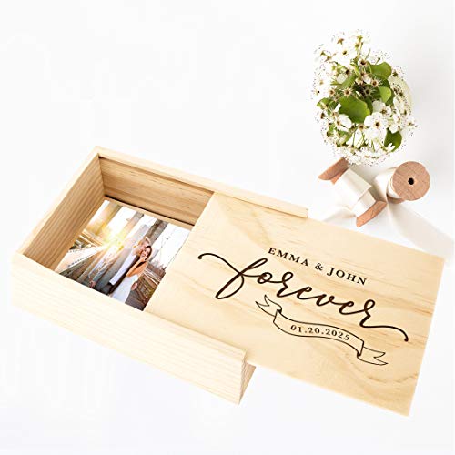 Koyal Wholesale Custom Engraved Forever Banner Wedding Keepsake Box, 4 x 6 -inch, Custom Names and Date, Natural Wood - color: Forever Banner