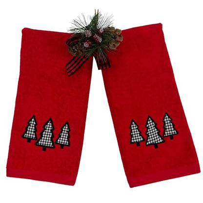 Holiday Christmas Guest Hand Towels: Country Farmhouse Red Terrycloth Towels with Check Tree Applique - color: Farmhouse Holiday
