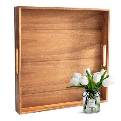 Large Wooden Serving Tray for Ottoman Wooden Ottoman Tray 20INCH Acacia Square Tray with Handles Wooden Coffee Table Tray Multi-Use for Dinner Breakfast Snack & Entertaining Guests