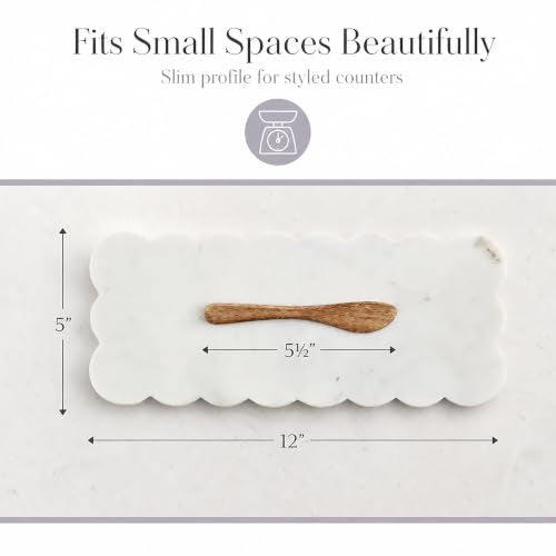 Mud Pie Scallop Marble Board Set, White, 12" x 5" | Scalloped Cutting Board for Charcuterie