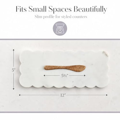 Mud Pie Scallop Marble Board Set, White, 12" x 5" | Scalloped Cutting Board for Charcuterie