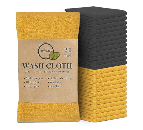100% Cotton Washcloths 24 Pack (12x12 Inches) Soft, Highly Absorbent Washcloth, Face Towels, Wash Cloths for Face, Ring Spun, Bulk Pack (Yellow/Grey) - color: Yellow/Grey, size: 24 Pack