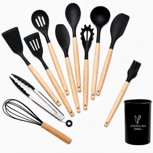 Silicone Cooking Utensils Kitchen Utensil Set - 446°F Heat Resistant Silicone Kitchen Utensils Set, Spatula,Turner Tongs, Spoon, Whisk,Kitchen Gadgets for Nonstick Cookware, BPA Free (Black) - color: Black