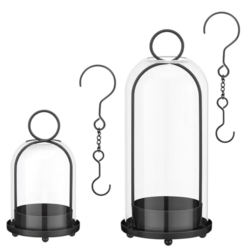 Hurricane Glass Candle Holders for Pillar Candles Set of 2 (5" & 4" Wide), Black Metal Candlestick Holders, Modern Decorative Centerpiece Lanterns for Table Mantel Wedding Housewarming Gift - color: Black