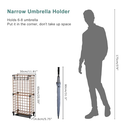 AWTATOS Umbrella Holder Entryway, Umbrella Stand Freestanding, Brown | Metal Square Umbrella Rack Organizer with a Removable Drip Tray, Hooks - color: Brown