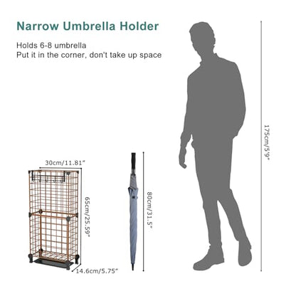 AWTATOS Umbrella Holder Entryway, Umbrella Stand Freestanding, Brown | Metal Square Umbrella Rack Organizer with a Removable Drip Tray, Hooks - color: Brown