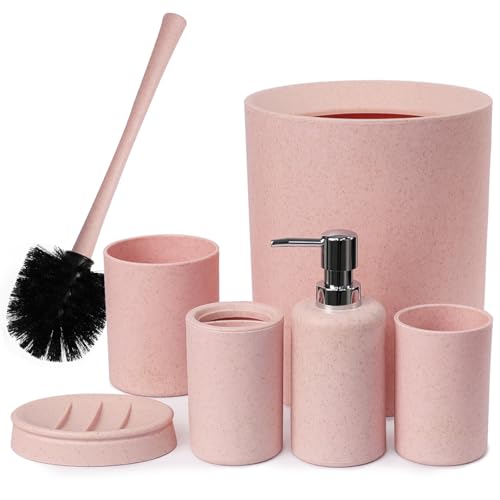 CERBIOR Bathroom Accessories Set 6 Piece Wheat Straw Bath Ensemble,Pink | Includes Soap Dispenser,Tooth Brush Holder,Toothbrush Cup, Soap Dish for Decorative Countertop and Housewarming Gift - style: Pink
