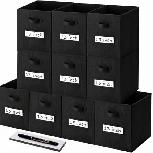 Storage Bins,13" Cube Storage Bin with Labels,10pcs,Black | Fabric Storage Cubes for Shelves,13 Inch storage cube bins with 10 Labels Window Cards & a Pen. - color: Black, size: 13"