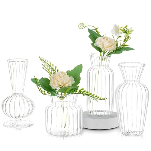 Glasseam Ribbed Glass Bud Vases for Flowers, Set of 4 Modern Home Decor | Handblown, Assorted Small Mini Fluted Clear Vases for Single Stem Floral Arrangement, Centerpieces, Room Table Decoration - size: 4pcs