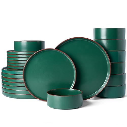 Famiware Nebula Ridge 24-Piece Stoneware Dinnerware Set, Dark Green | Plates and Bowls for 8, Warm Hand-Painted Rims, Microwave and Dishwasher Safe, Daily Essentials - color: Dark Green, size: Service for 8 (Standard Dinner Set)