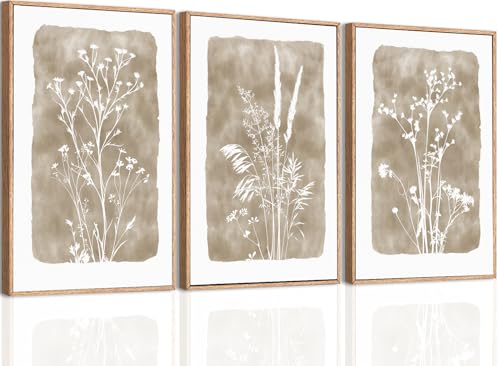 ANHUIB Beige Floral Canvas Wall Art Neutral Botanical Wall Decor 12x16 Inch Set of 3 for Living Room Bedroom Bathroom - color: Beige Floral, size: 16"L x 12"W