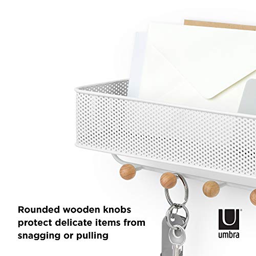 Umbra Estique Entryway Organizer, Wall Mount Key Holder, White/Natural | Steel construction, perforated mail bin, five wooden knob hooks, hidden mounting hardware, holds up to 5 lbs - size: Small