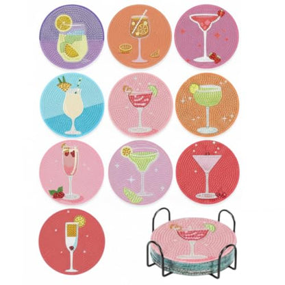 10 Pcs DIY Diamond Painting Coasters with Holder – Vibrant Beverage Pattern Designs – Easy & Fun Gem Art Craft Kit for Home Decor & Unique Gifts