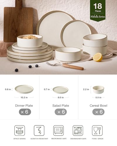 Famiware Nebula 18-Piece Dinnerware Set, Matte Beige White with Brown Rim | Stoneware Plates and Bowls, Handmade Reactive Glaze, Microwave & Dishwasher Safe, Chip & Scratch Resistant - color: Matte Beige White with Brown Rim, size: Service for 6 (Standard