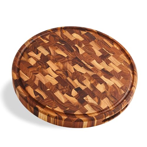 Sonder Los Angeles Vincent End Grain Teak Cutting Board, Round 15x15x1.5 in | Non-toxic, Juice Groove, Butcher Block, Perfect for Pizza & Charcuterie, Built-in Handles, Gift Box Included, 6 lbs - color: Vincent | Teak | End Grain