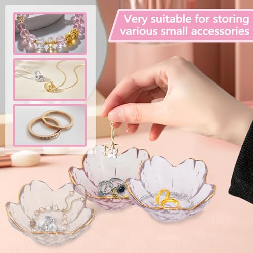 Huakaile 3 Pieces Flower Shape Glass Jewelry Plate Dish, Trinket Bowl for Rings Earrings, Decorative Small Jewelry Tray Dish Present for Wife Women Daughter (Pink Purple Transparent)