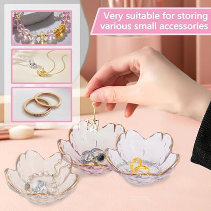 Huakaile 3 Pieces Flower Shape Glass Jewelry Plate Dish, Trinket Bowl for Rings Earrings, Decorative Small Jewelry Tray Dish Present for Wife Women Daughter (Pink Purple Transparent)