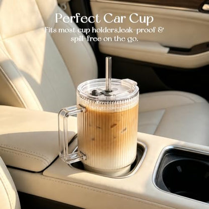 KEMORELA 24oz Ribbed Glass Cups with Lids and Straws,Glass Tumbler with Handle,2 set–Reusable Glass Ice Coffee Cups with Lid and Straw for Smoothies,Tea,Juice,Boba Cup for Cold & Hot Drinks,Travel Cup