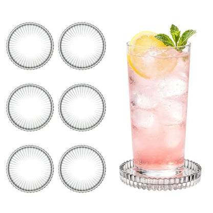 6 Pack Clear Glass Coasters Set for Candle and Drink, 4inch Decorative Pillar Candle Holder for Table Protection,Carved Design,Glass Round Cup Mat for Table Protection of Home (6Pack)