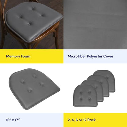 Sweet Home Collection Chair Cushion Memory Foam Pads Tufted Slip Non Skid Rubber Back U-Shaped 17" x 16" Seat Cover, 2 Count (Pack of 1), Faux Leather Gray - color: Faux Leather Gray, size: 2 Pack, style: Foam Pads