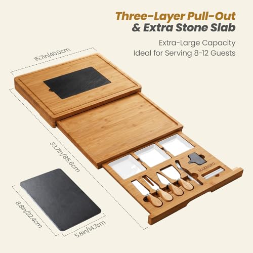 Extra Large Bamboo Charcuterie Board, 3-Layer Pull-Out Trays, Brown | 33.7"x15.7" 3-Layer Pull-Out Cheese Board with Slate Plate, Knife Set, Bowls, Ideal for Home Parties and Housewarming Gifts - color: Carbonized Bamboo