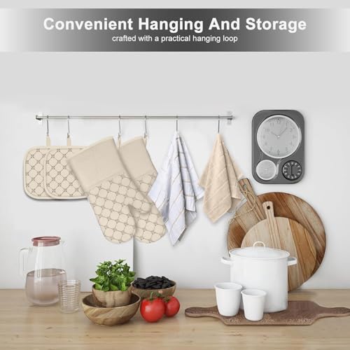 Oven Mitts Kitchen Towels Dishcloths with Pot Holders Sets 12PCS, Dish Towels Sets, Oven Gloves Pot Pads Heat Resistant 500 Degrees with Non-Slip Silicone Surface for Cooking Baking Grilling-Milkshake - color: Milkshake
