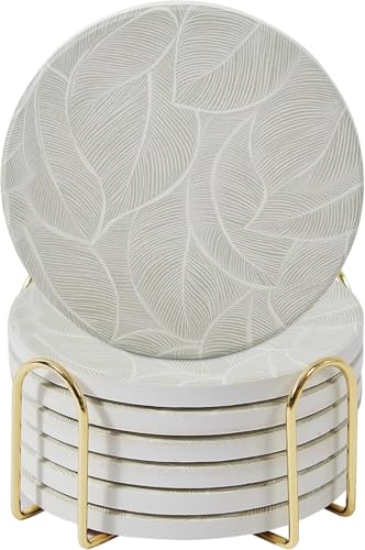 Ceramic Marble Coasters Set of 6, Absorbent Drink Coasters for Table | Colorful moisture-absorbing marble stone coasters; coffee table decor, cute alternative to cork, silicone or glass - color: Leaf