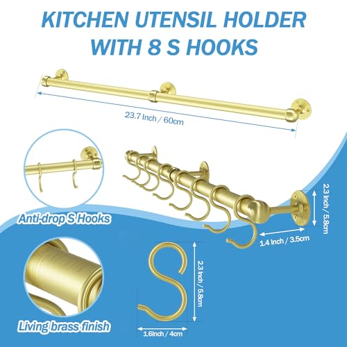 ROTHLEY Stainless Steel Hanging Pot Rack Hanger: 23.7 Inch Brass Pot and Pan Hanger Wall Mounted Hanging Pot Bar Rack Heavy Duty Pot Hangers Kitchen Rail with 8 S Hooks - color: Brass, size: 23.7 inch