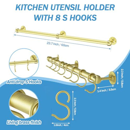 ROTHLEY Stainless Steel Hanging Pot Rack Hanger: 23.7 Inch Brass Pot and Pan Hanger Wall Mounted Hanging Pot Bar Rack Heavy Duty Pot Hangers Kitchen Rail with 8 S Hooks - color: Brass, size: 23.7 inch