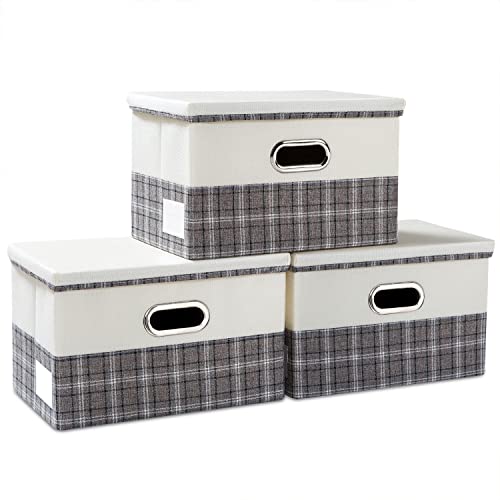 Collapsible Storage Bin with Lid [3-Pack] Fabric Foldable Storage Box Organizer Container Basket Cube with Cover for Home Bedroom Closet Office Nursery Gray plaid & Cream(14.9x9.8x9.8) - color: Gray plaid & Cream, size: M(3-Pack)