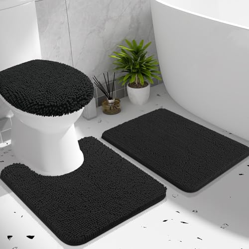 OLANLY Bathroom Rugs Sets 3 piece, Soft Absorbent Chenille Bath Mat, U-Shaped Contour Toilet Mat and Toilet Lid Cover, Quick Dry, Machine Washable, Toilet Cover and Rug Set for Bathroom, Black - color: Black, size: 24" X 16" + U24" X 20" + 17.5" X 15"