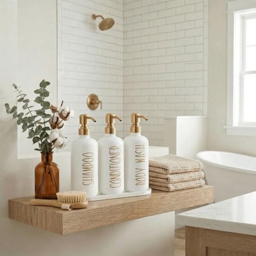 MOMEEMO Shampoo and Conditioner Dispenser Set with Tray, Gold | Refillable Shampoo Conditioner Body Wash Dispenser for Shower, Empty Shampoo Bottles, Bathroom Shower Soap Dispenser Set - color: White Gold