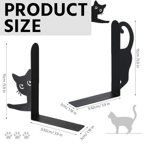 Dragon Metal Bookends Set of 2, Gothic Book Ends for Shelves Desk | Decorative Bookend for Home Office Desk, Holds Books Upright, Gift for Cat Lovers and Readers, Stylish Shelf Organizers - style: Stretching Cat
