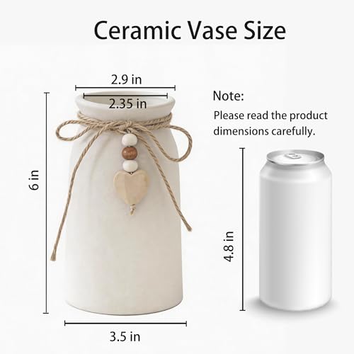 Rustic 6-Inch Ceramic Vase with Jute Rope & Heart Charm for Home Décor, White Flower Vase for Table Centerpieces and Gifts, Ideal for Living Room, Bedroom, and Office - style: Rustic