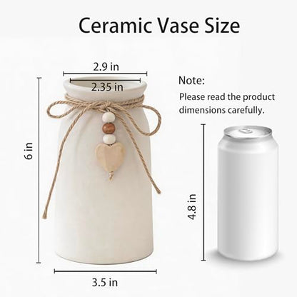 Rustic 6-Inch Ceramic Vase with Jute Rope & Heart Charm for Home Décor, White Flower Vase for Table Centerpieces and Gifts, Ideal for Living Room, Bedroom, and Office - style: Rustic