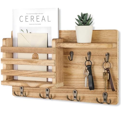Nekon Mail Holder for Wall, 16.8 Inch Mail Organizer, Wood | 16.8Inch x 10Inch x 3.2Inch, with 7 Key Hooks, Hallway Farmhouse Decor, Storage Racks with Floating Shelf and Mount Hardware - color: Wood
