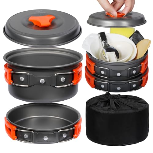 REDCAMP 6/10/11/12/14/15/19 PCS Camping Cookware Mess Kit Camping Gear Campfire Utensils Lightweight Stackable Pot Pan Bowls Soup Spoon with Storage Bag for Camping, Backpacking, Outdoor Cooking - style: Orange,10 Pcs