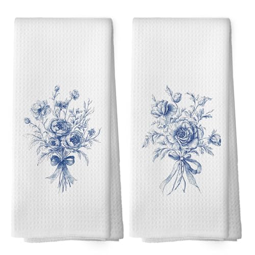Vintage Blue and White Flower Botanical Kitchen Towels Set of 2, Modern Line Rose Drawing Floral Bouquet Hand Towel for Kitchen Bathroom, Spring Decorative Tea Dish Towels 16x24 Inch - color: Color 05