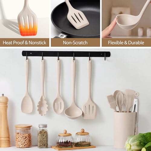 LIANYU 14 Pcs Silicone Cooking Utensils Set with Holder, Khaki | Kitchen Utensils Set for Non-Stick Cookware, 446°F Heat Resistant Cooking Tools with Comfort Grip Handle, Dishwasher safe - color: Khaki
