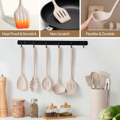 LIANYU 14 Pcs Silicone Cooking Utensils Set with Holder, Khaki | Kitchen Utensils Set for Non-Stick Cookware, 446°F Heat Resistant Cooking Tools with Comfort Grip Handle, Dishwasher safe - color: Khaki