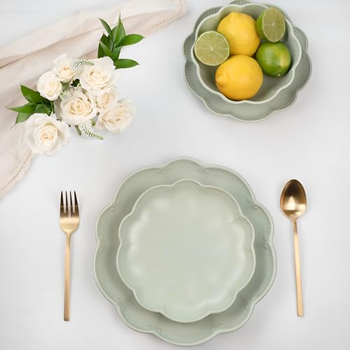 Sango 12 Pieces Scalloped Dinnerware Set, Sage Green Dishes for 4, Premium Serving Plates & Bowls Sets, Chip Resistant, Ceramic Dishware, Kitchen Dish, Microwave & Dishwasher Safe, Bethany - color: Sage Green, size: 12-Piece Set