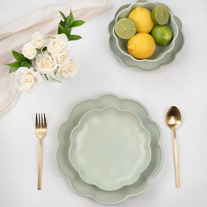 Sango 12 Pieces Scalloped Dinnerware Set, Sage Green Dishes for 4, Premium Serving Plates & Bowls Sets, Chip Resistant, Ceramic Dishware, Kitchen Dish, Microwave & Dishwasher Safe, Bethany - color: Sage Green, size: 12-Piece Set